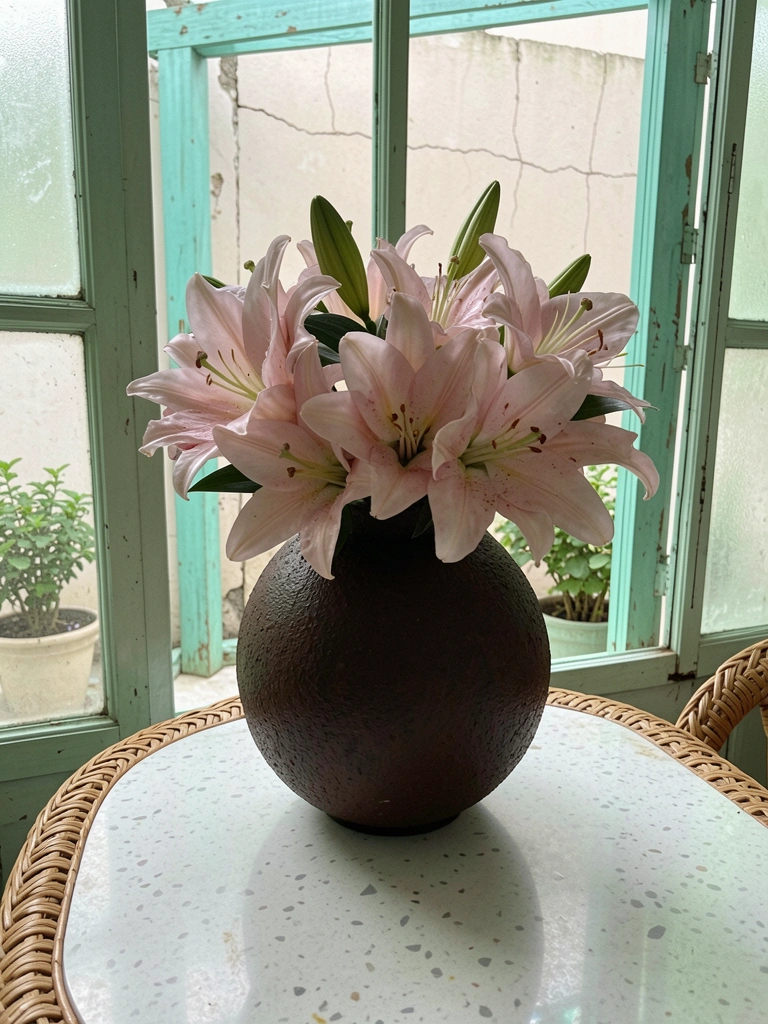 Arranjo de flores artificiais em tons de rosa e branco sobre mesa de jantar de madeira com pratos e taças