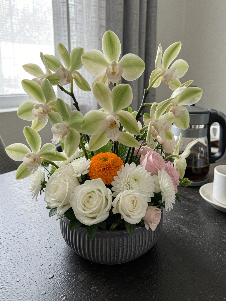 Arranjo de flores artificiais em tons de rosa e branco sobre mesa de jantar de madeira com pratos e taças.