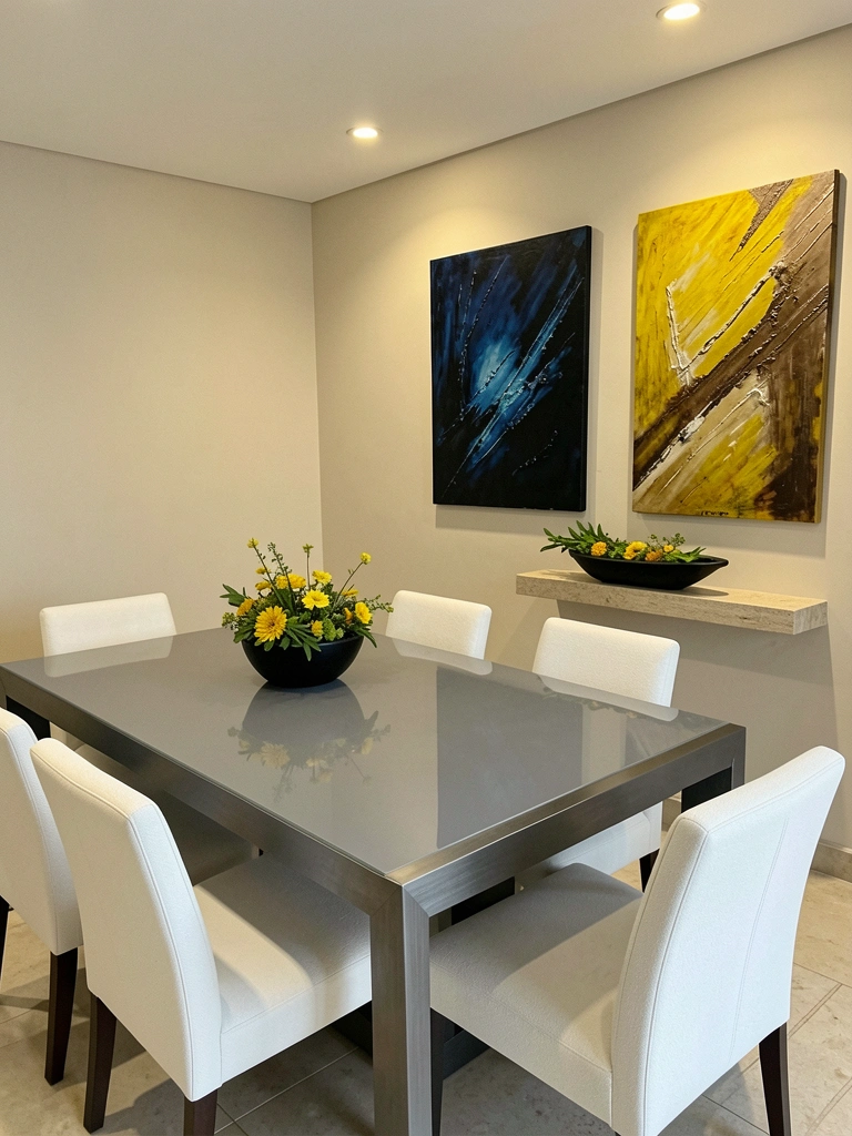 Arranjo de flores artificiais em tons de rosa e branco sobre mesa de jantar de madeira, com pratos e taças ao fundo.