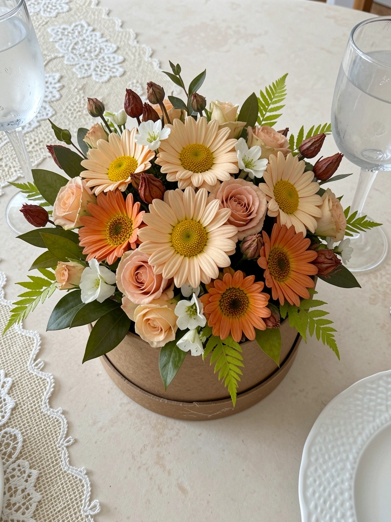 Arranjo de flores artificiais em vaso de cerâmica sobre mesa de jantar de madeira, com pratos e taças ao fundo.