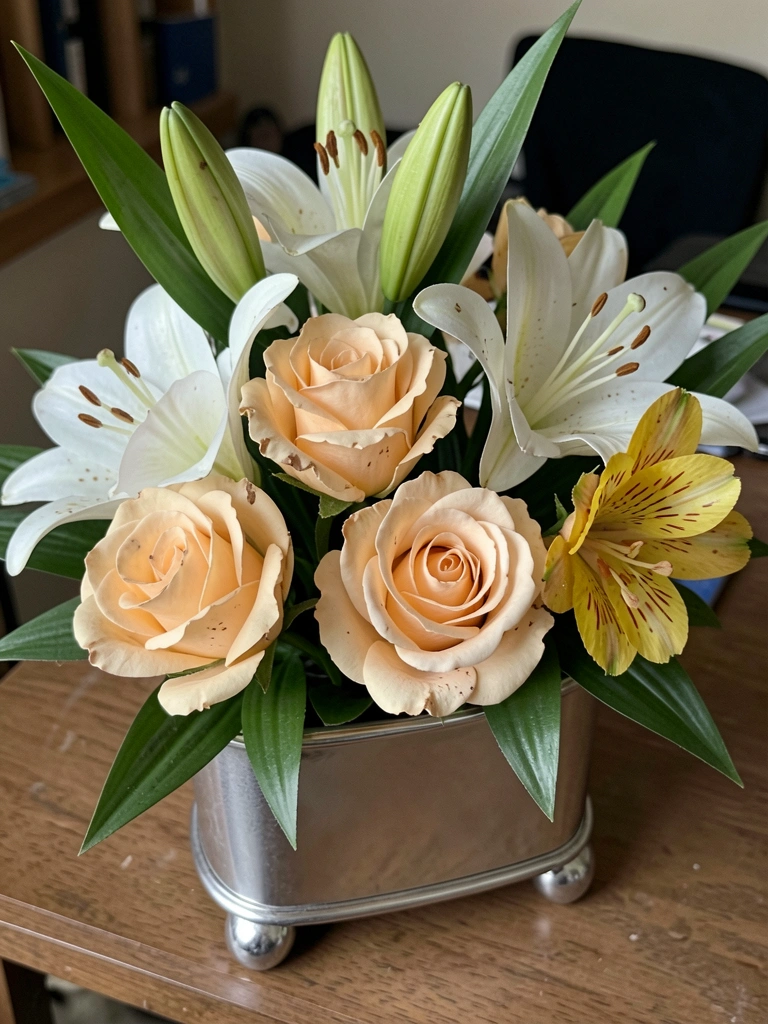 Arranjo de flores artificiais em vaso de cerâmica sobre mesa de jantar de madeira, com pratos e taças ao fundo.
