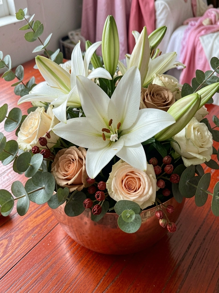 Arranjo de flores artificiais em tons de rosa e branco sobre mesa de jantar de madeira com louça clara.