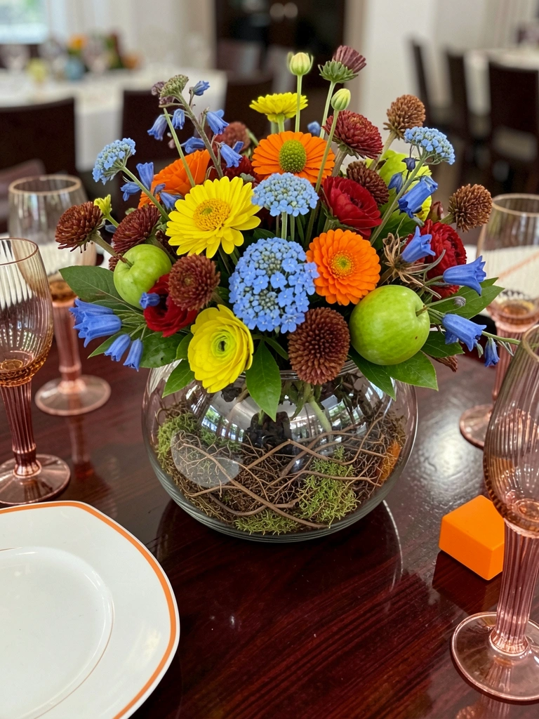 Arranjo de flores artificiais em tons de rosa e branco sobre mesa de jantar de madeira, com pratos e taças ao fundo.