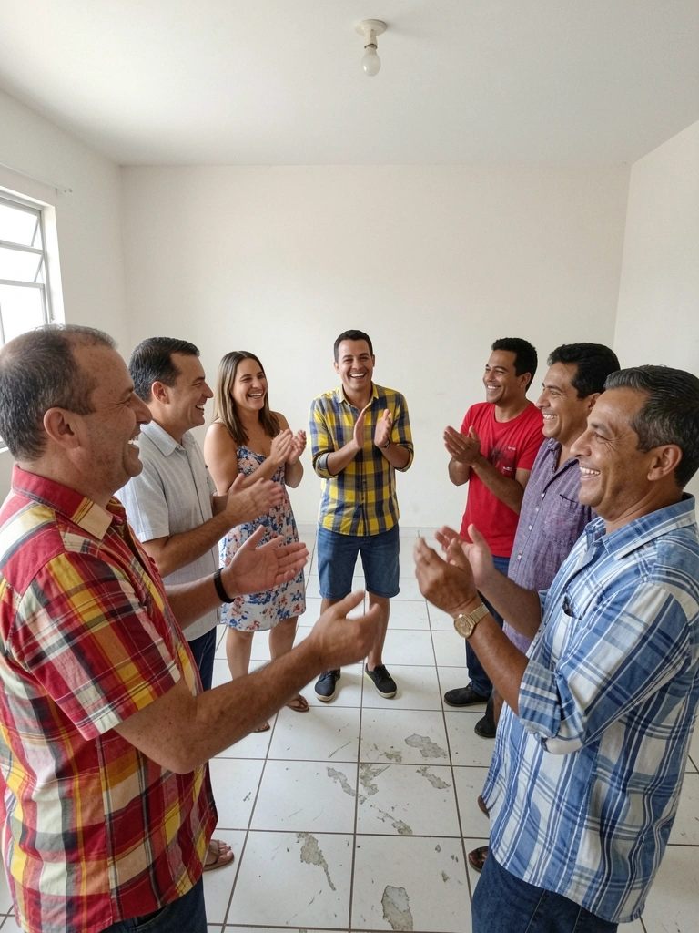 Roda de pessoas sentadas no chão de uma sala vazia, de mãos dadas e sorrindo