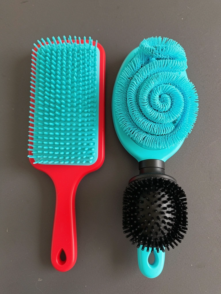 Escova raquete de base larga ao lado de cabelo liso e escovado, com cerdas densas visíveis.