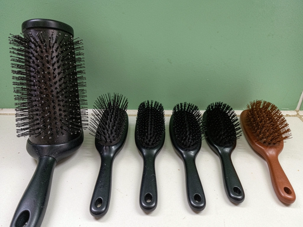Três escovas de cabelo sobre bancada: uma de cerdas naturais, uma de cerâmica e uma escova alisadora.