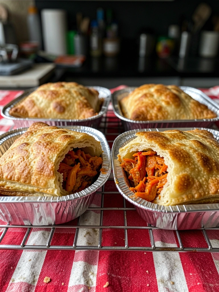 Empadão em pote de vidro com recheio de frango e catupiry, massa dourada e vapor saindo.