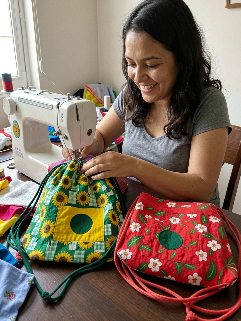 Mãos guiando tecido colorido sob a agulha de máquina de costura doméstica para fazer puxa-saco