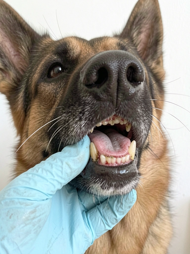 Mão de uma pessoa segurando o focinho de um cachorro dócil, sob luz natural, em close suave.