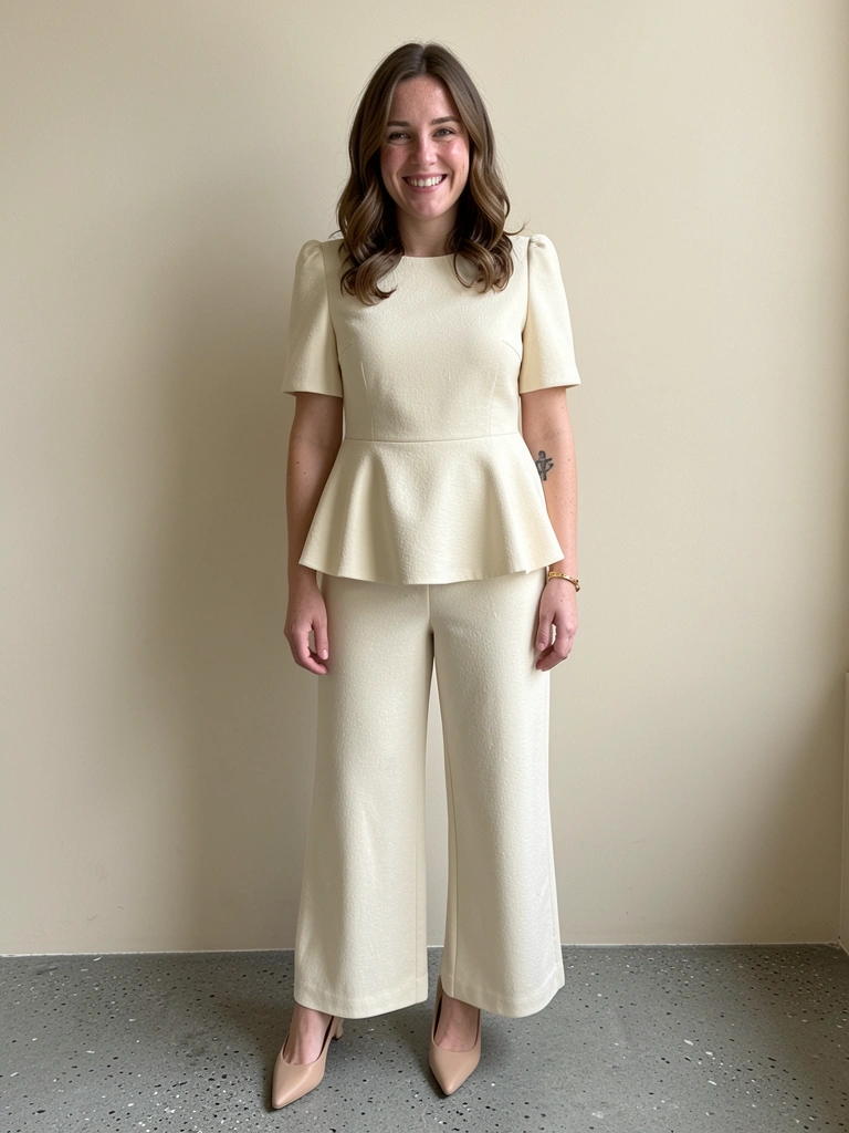 Conjunto feminino de blusa de manga longa e calça de alfaiataria em tom neutro, sobre fundo claro