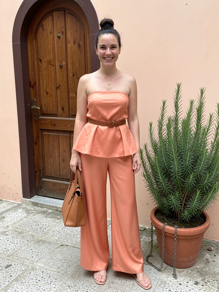 Conjunto feminino de blusa branca de manga longa e calça de alfaiataria bege, sobre superfície clara.