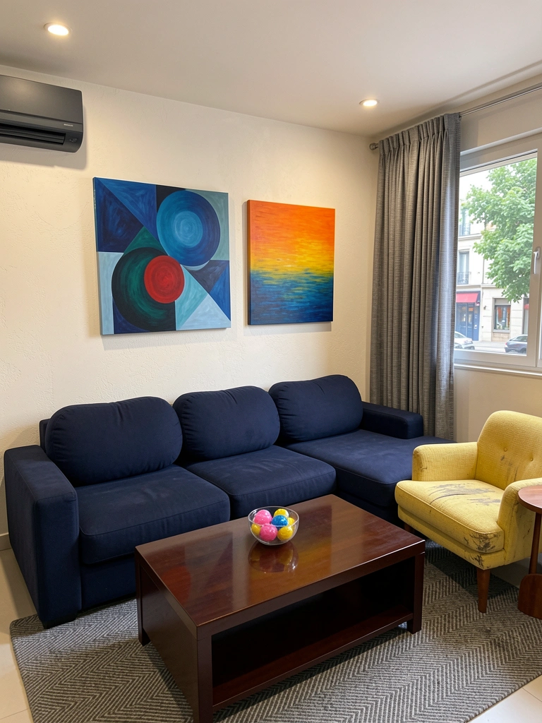 Sala de estar com sofá azul marinho de dois lugares, parede branca e piso de madeira clara
