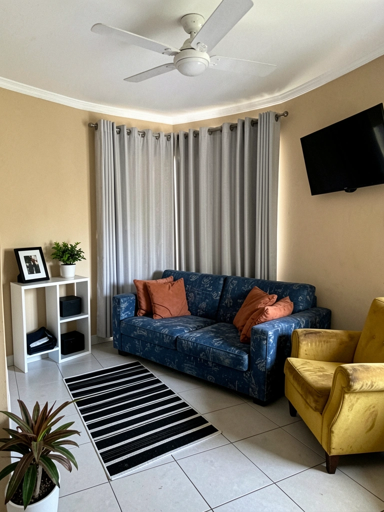 Sala com parede bege, sofá azul e almofadas terracota sobre ele
