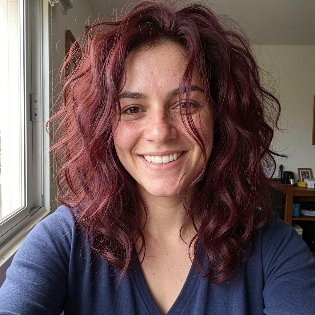 Corte de cabelo em camadas longas com franja lateral e textura natural em cabelo volumoso.