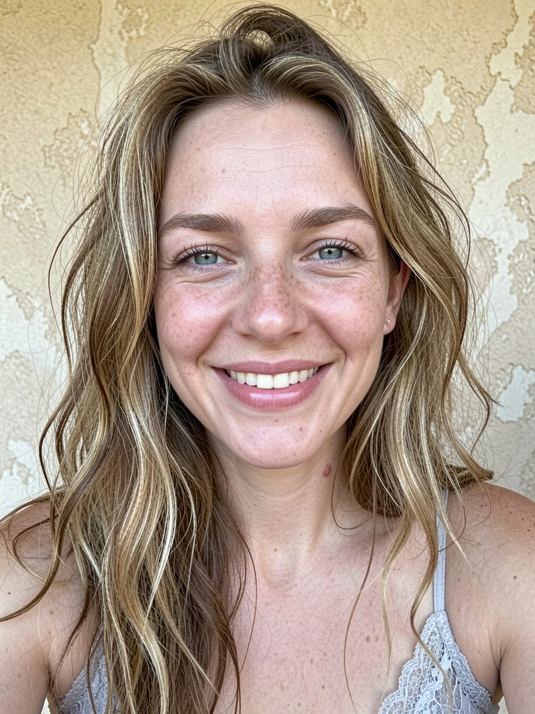 Mulher de cabelo volumoso com corte em camadas e franja lateral, vista de perfil.