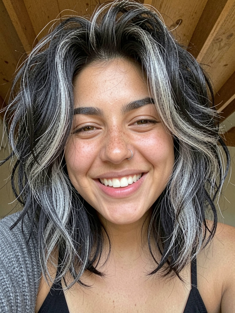 Mulher de cabelo volumoso repartido ao meio, fios ondulados com textura natural e luz suave lateral.