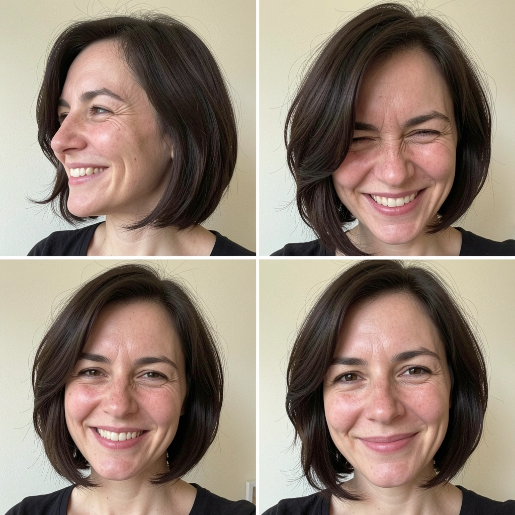 Corte de cabelo em camadas longas com franja lateral, fios castanhos escuros e textura natural.