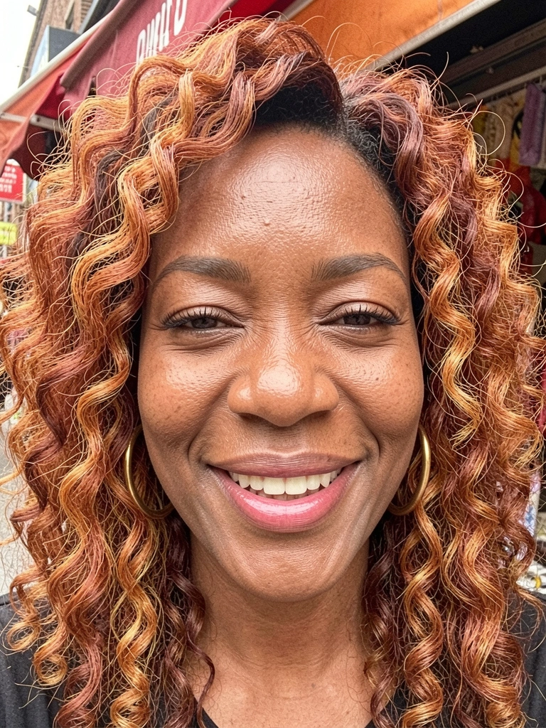 Mulher de cabelo volumoso com camadas longas, vista de perfil, fundo neutro iluminado