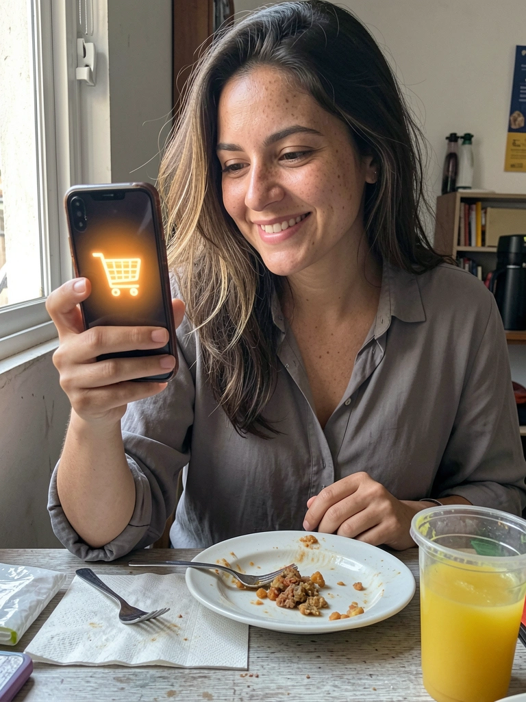 Pessoa segurando o celular durante o almoço, com um carrinho de compras iluminado na tela