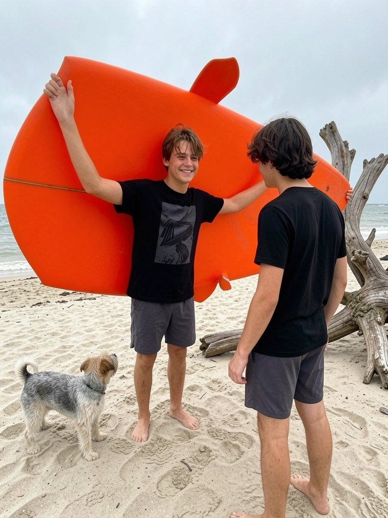 Dois surfistas caminhando na areia com pranchas sob o braço, mar ao fundo.