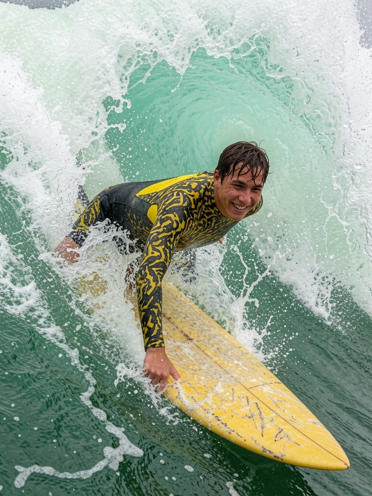Dois surfistas na água, um em pé na prancha e outro deitado em um bodyboard, com ondas ao fundo.