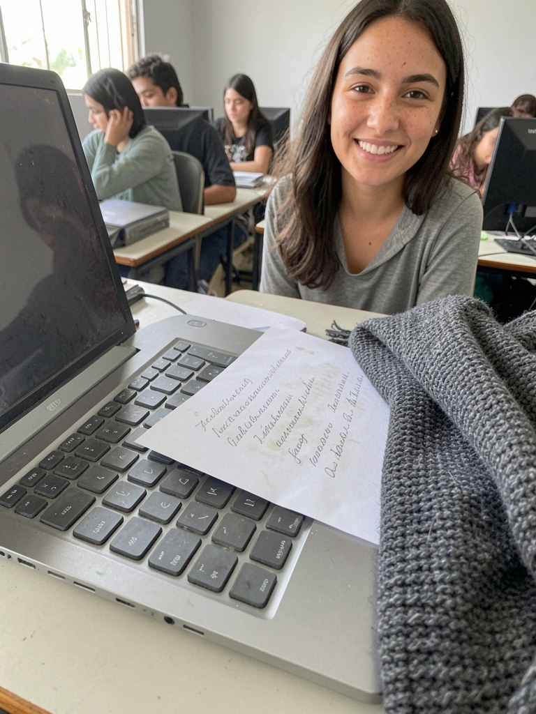 Sala de aula com carteiras enfileiradas, alunos sentados e computadores sobre mesas ao fundo