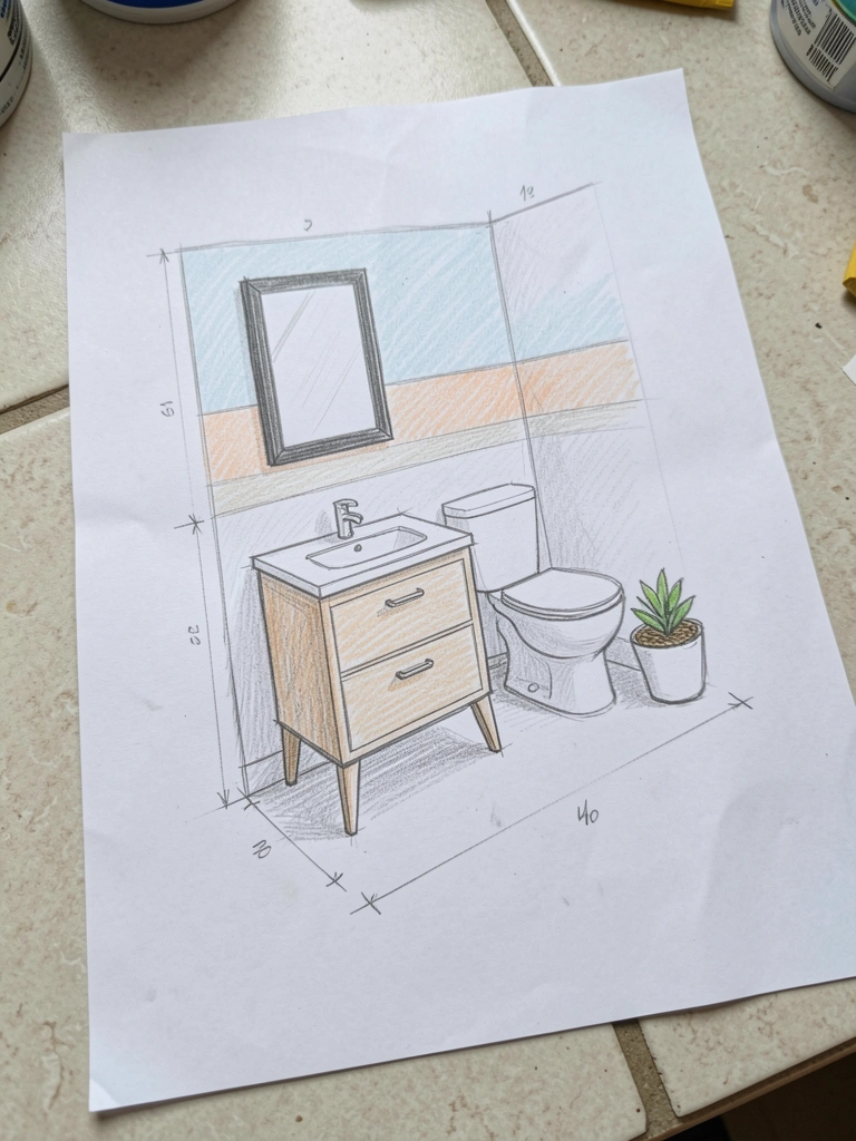 Desenho de planta baixa de banheiro compacto com cotas e medidas anotadas à mão