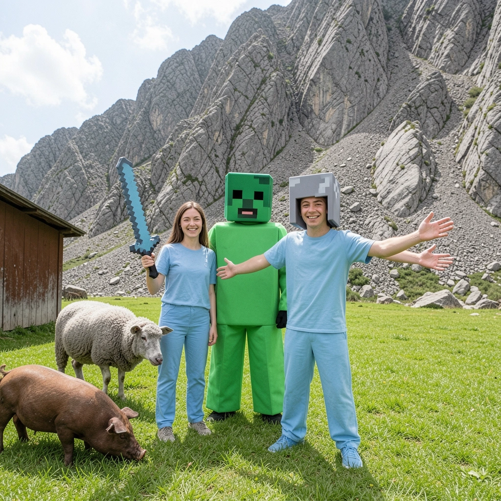 Paisagem quadrada com blocos de grama, árvores e montanhas ao fundo, típica do jogo Minecraft.