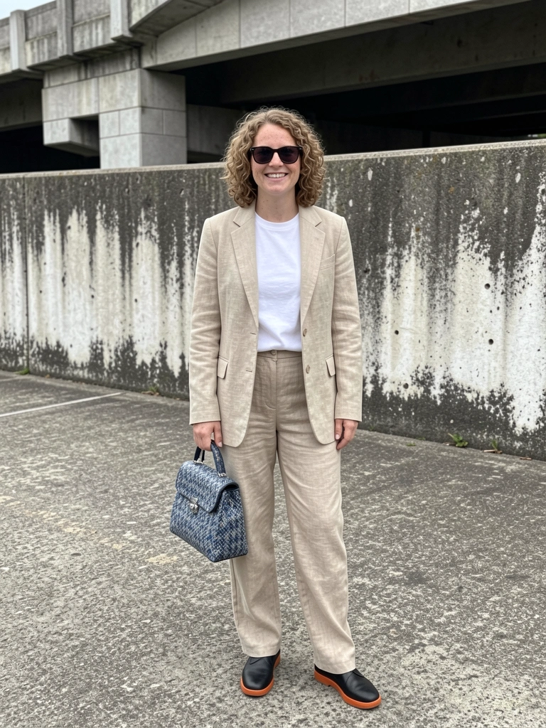 Homem em pé usando blazer bege oversized, camisa branca e calça de alfaiataria, em ambiente interno com luz natural.
