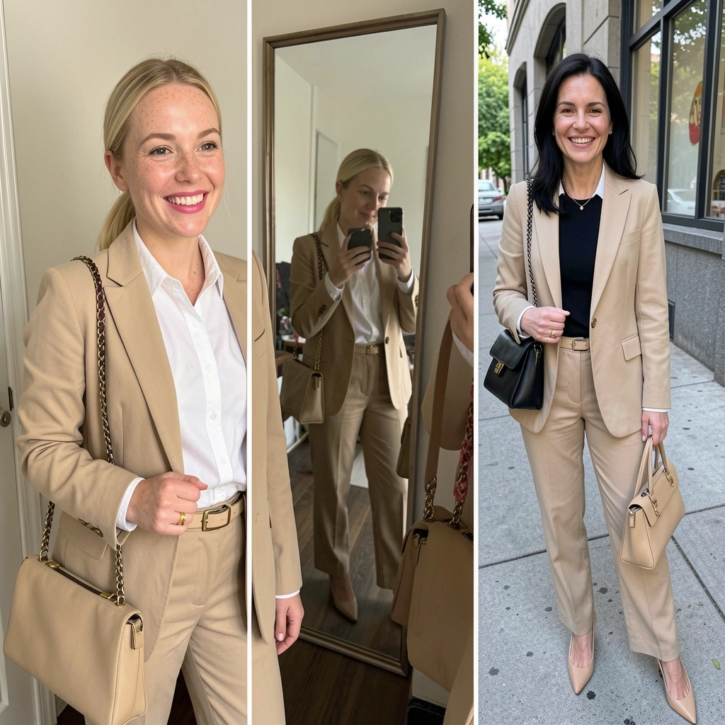 Homem em pé usando blazer bege oversized, camisa branca e calça de alfaiataria, em ambiente interno com luz natural.