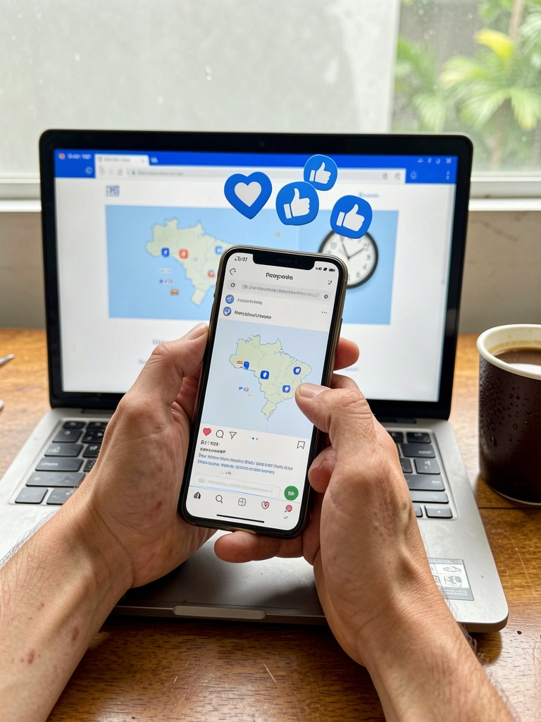 Mapa do Brasil em silhueta com ícones de redes sociais e um relógio marcando 3 horas