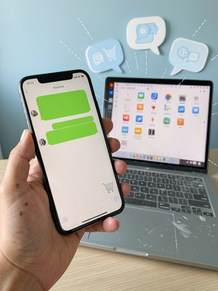 Mão segurando celular com conversa de WhatsApp e carrinho de compras na tela