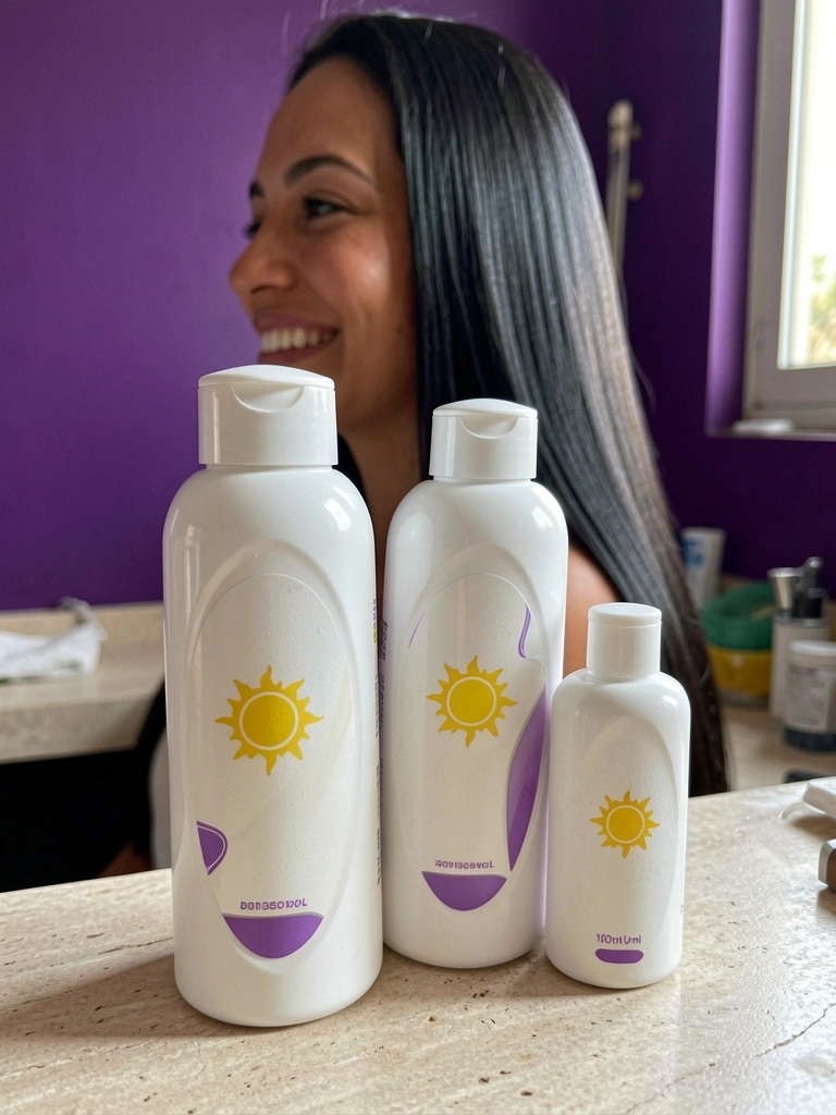 Frasco de shampoo branco sobre bancada de mármore, com cabelo liso ao fundo