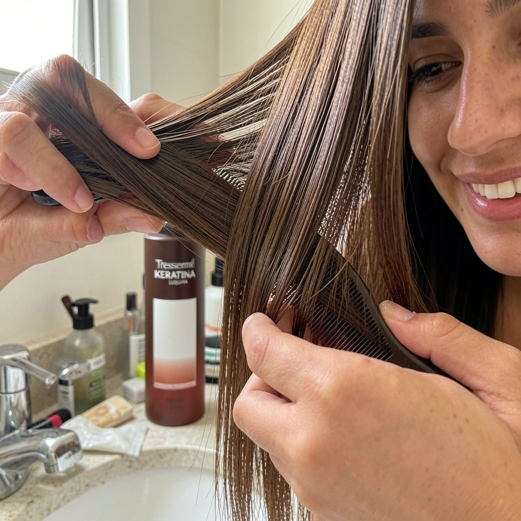 Pente de dentes finos deslizando por mechas de cabelo liso fino sob luz suave, com foco nas pontas
