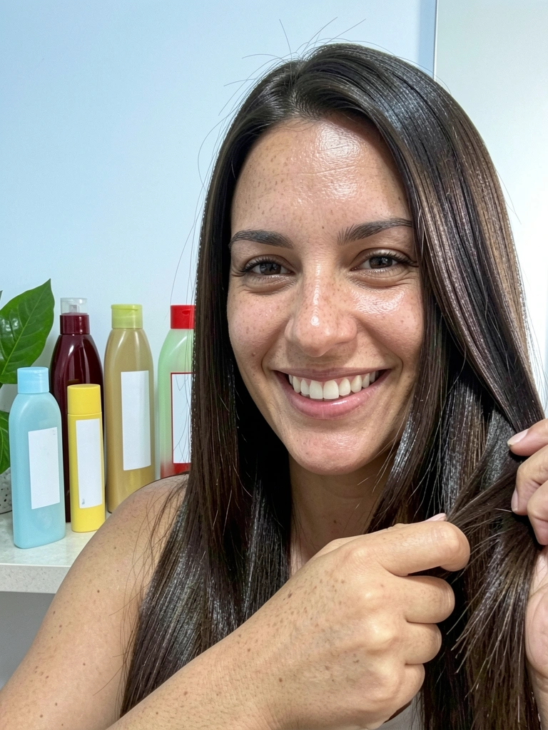 Mãos segurando mecha de cabelo liso com brilho intenso, fios alinhados e reflexos de luz.