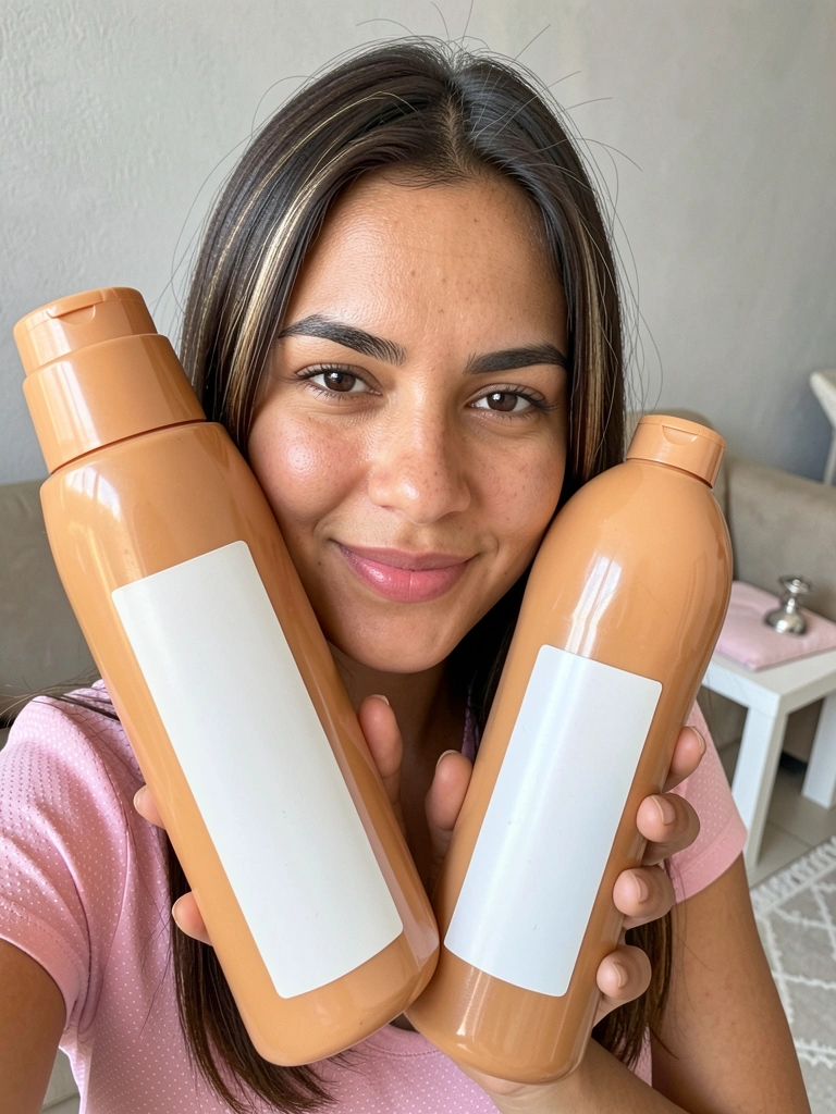 Frasco de shampoo branco ao lado de mechas de cabelo liso tingido com reflexos claros