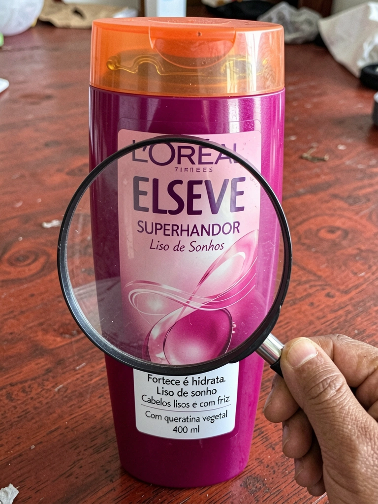 Rótulo de shampoo em close, com lista de ingredientes e lupa sobre o texto
