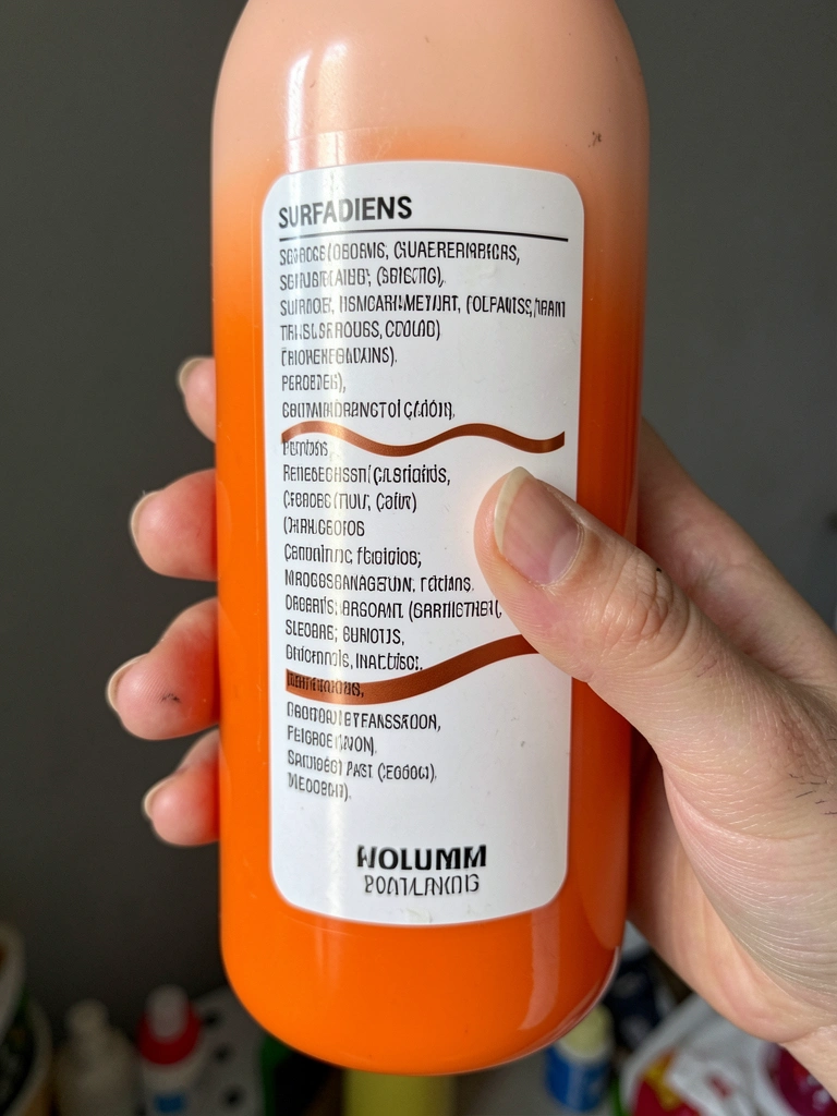 Dedo apontando para o primeiro tensoativo na lista de ingredientes do rótulo de um shampoo