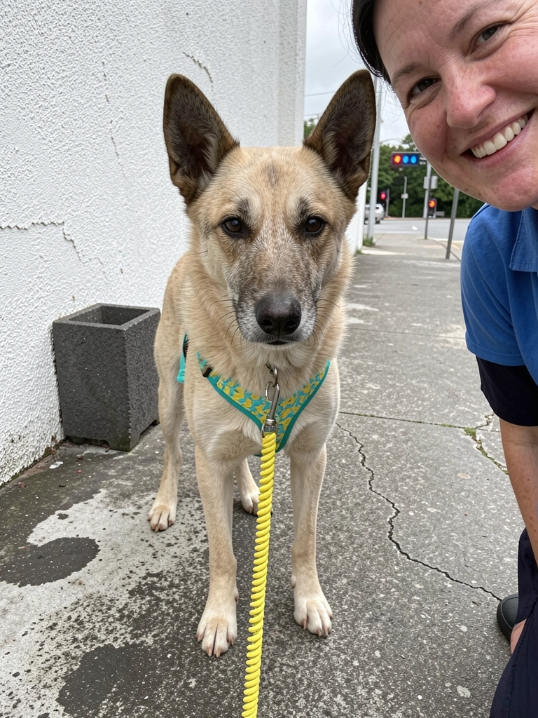 Cão de porte médio com peitoral e guia presa no peito, tutor em pé ao lado