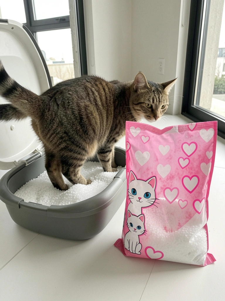 Gato em pé dentro de caixa de areia de sílica em apartamento com piso de madeira e paredes claras.