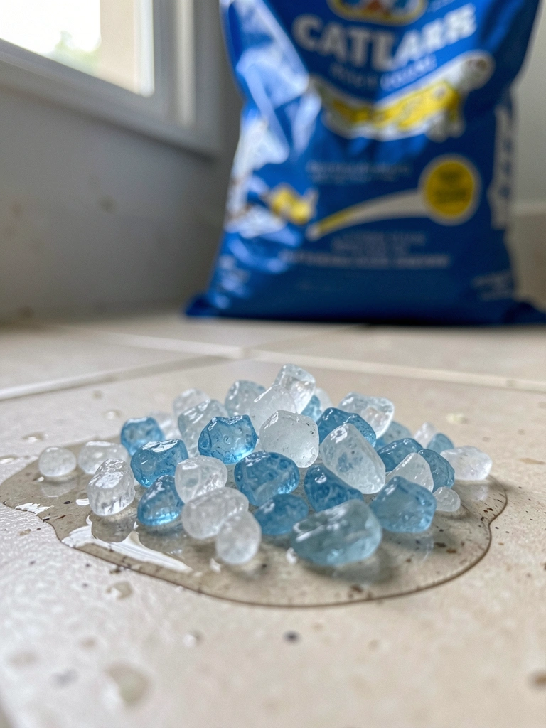 Close-up de cristais de sílica gel transparentes sobre superfície úmida, com gotas de líquido sendo absorvidas.