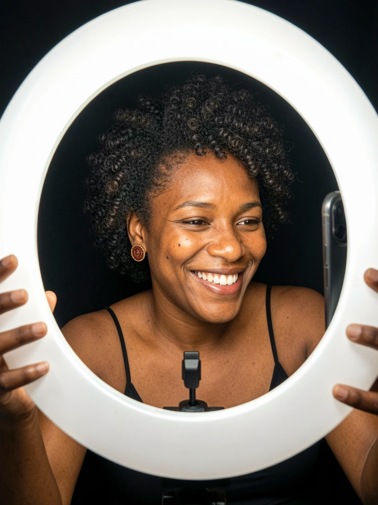 Mulher segurando celular em tripé com ring light acesa à frente do rosto