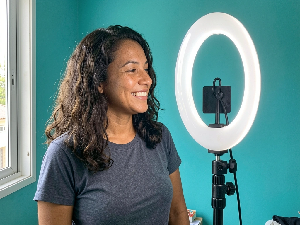 Pessoa segura ring light acesa ao lado do rosto, de frente para a luz de uma janela
