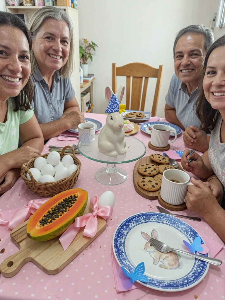 Mesa posta com toalha clara, pratos e ovos de chocolate em tons pastel, com pessoas sentadas ao redor.