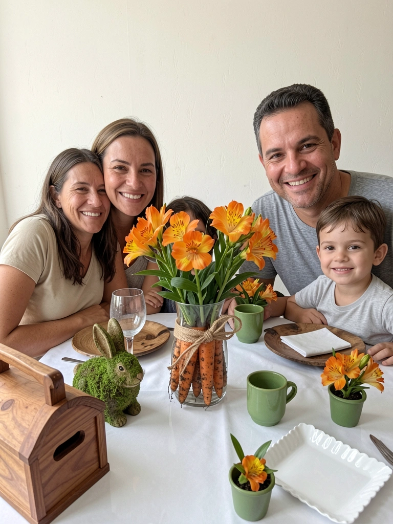 Família sentada ao redor de mesa posta com pratos, ovos coloridos e arranjo simples de Páscoa