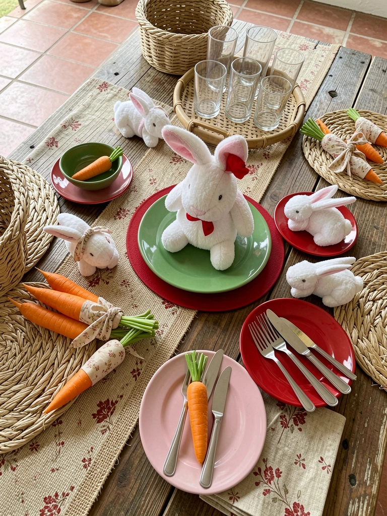 Tecido de juta e peças de palha sobre mesa de madeira ao lado de pratos de porcelana branca