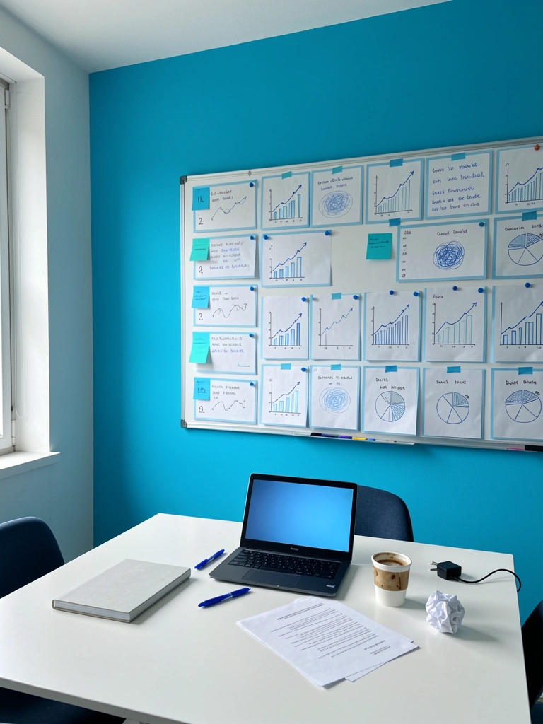 Sala de reunião com mesa de vidro, gráficos impressos e anotações manuscritas sobre indicadores