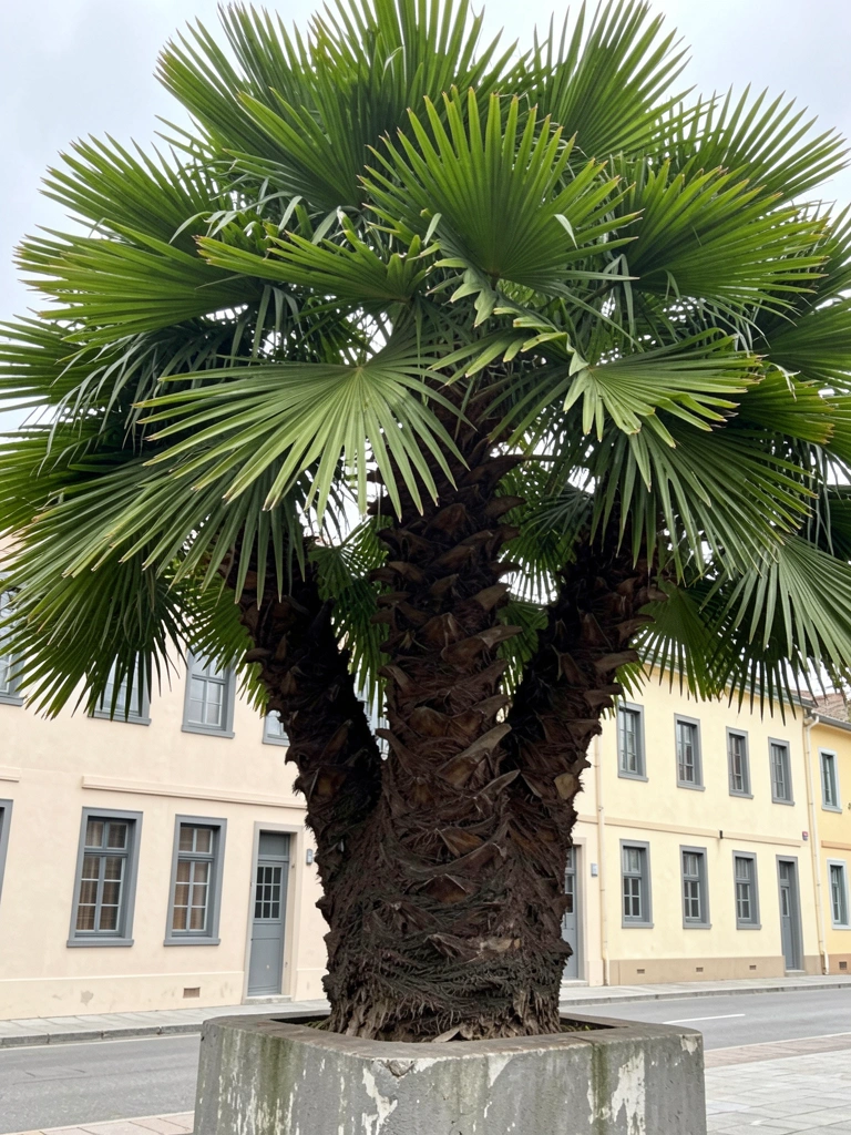 Palmeira canariense de grande porte com folhas em leque, caule grosso e frutos alaranjados, sob luz do sol.