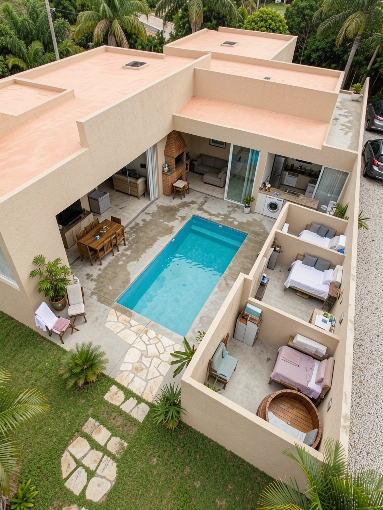Vista aérea de chácara com piscina retangular, deck de madeira e churrasqueira coberta em layout aberto