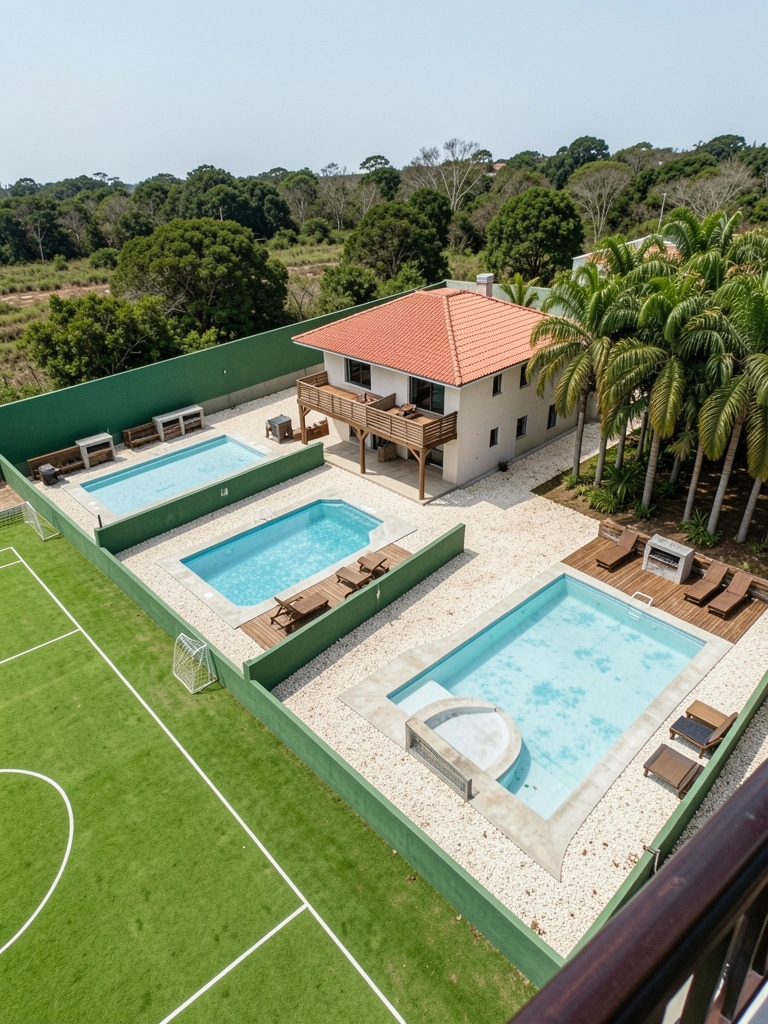 Quatro terrenos retangulares de tamanhos diferentes, cada um com piscina azul e área de churrasqueira coberta